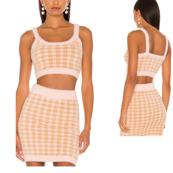 NWT FOR LOVE & LEMONS 2PC TOP & SKIRT SET IN LT. PINK HOUNDS TOOTH 1X - Picture 2 of 7